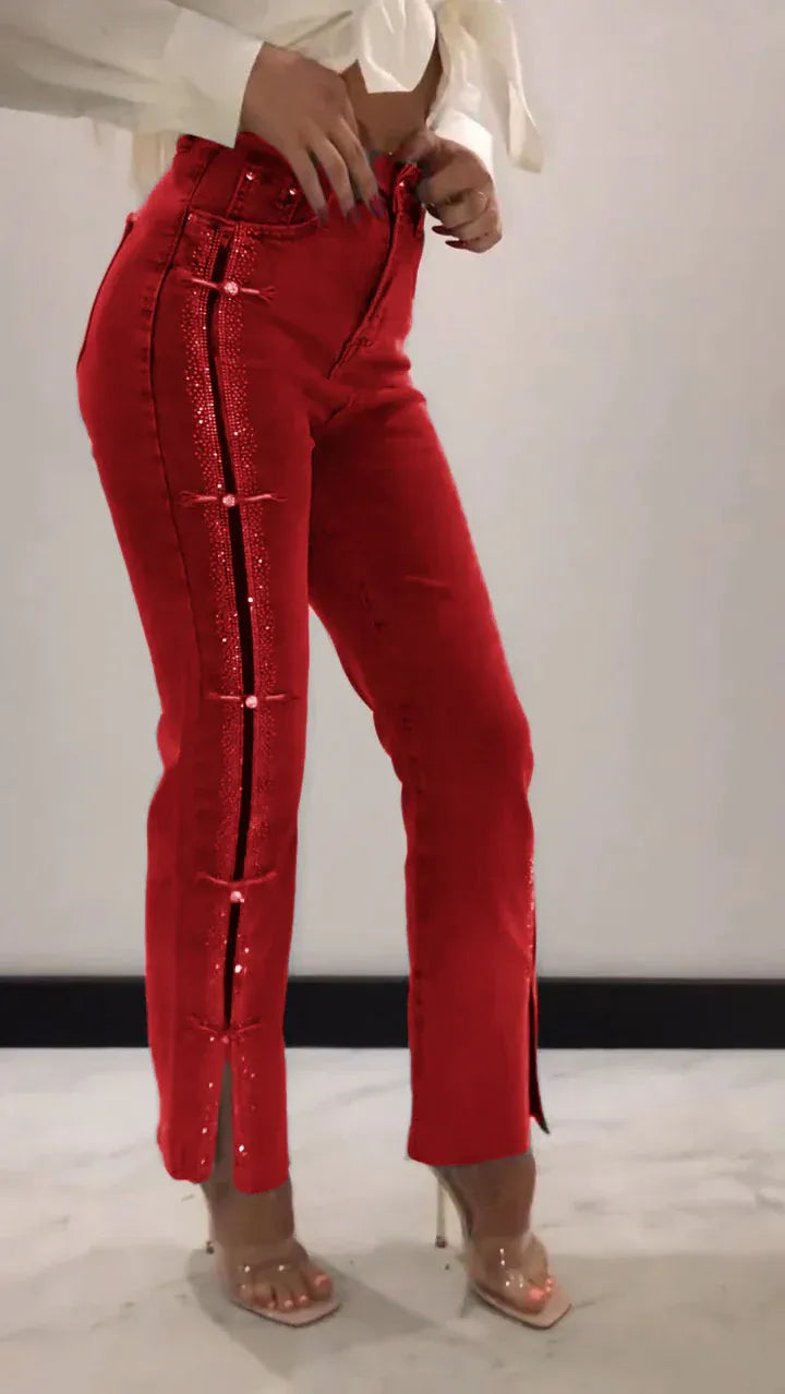 Slim-Jeans mit Diamant-Patchwork & Schlitz-Design