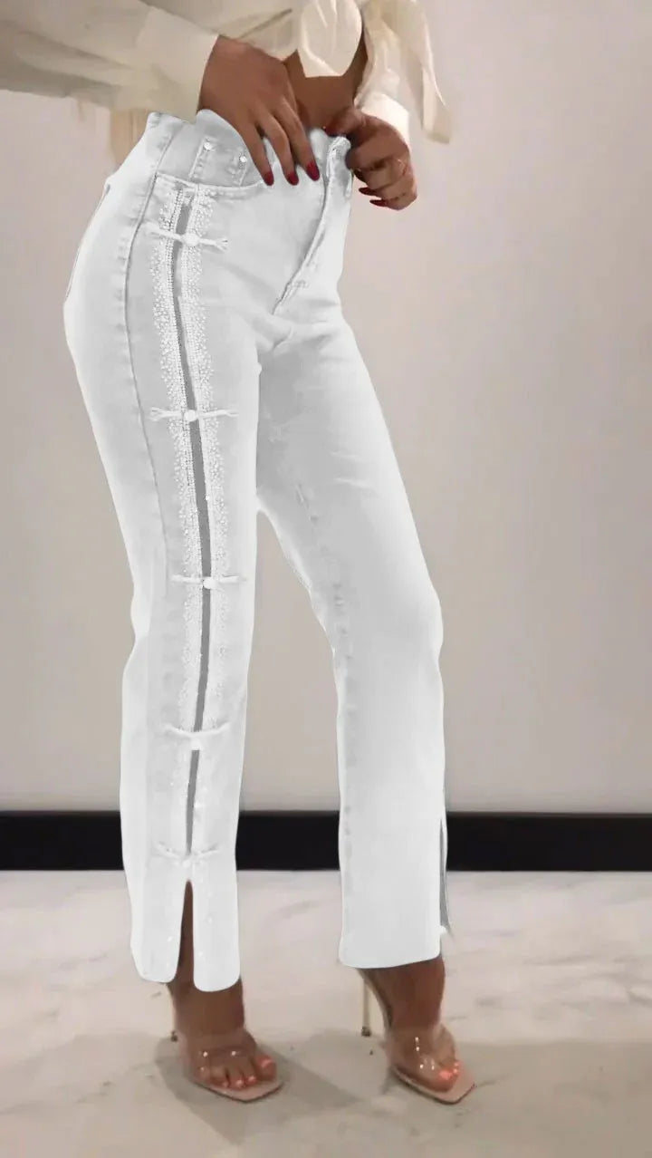 Slim-Jeans mit Diamant-Patchwork & Schlitz-Design