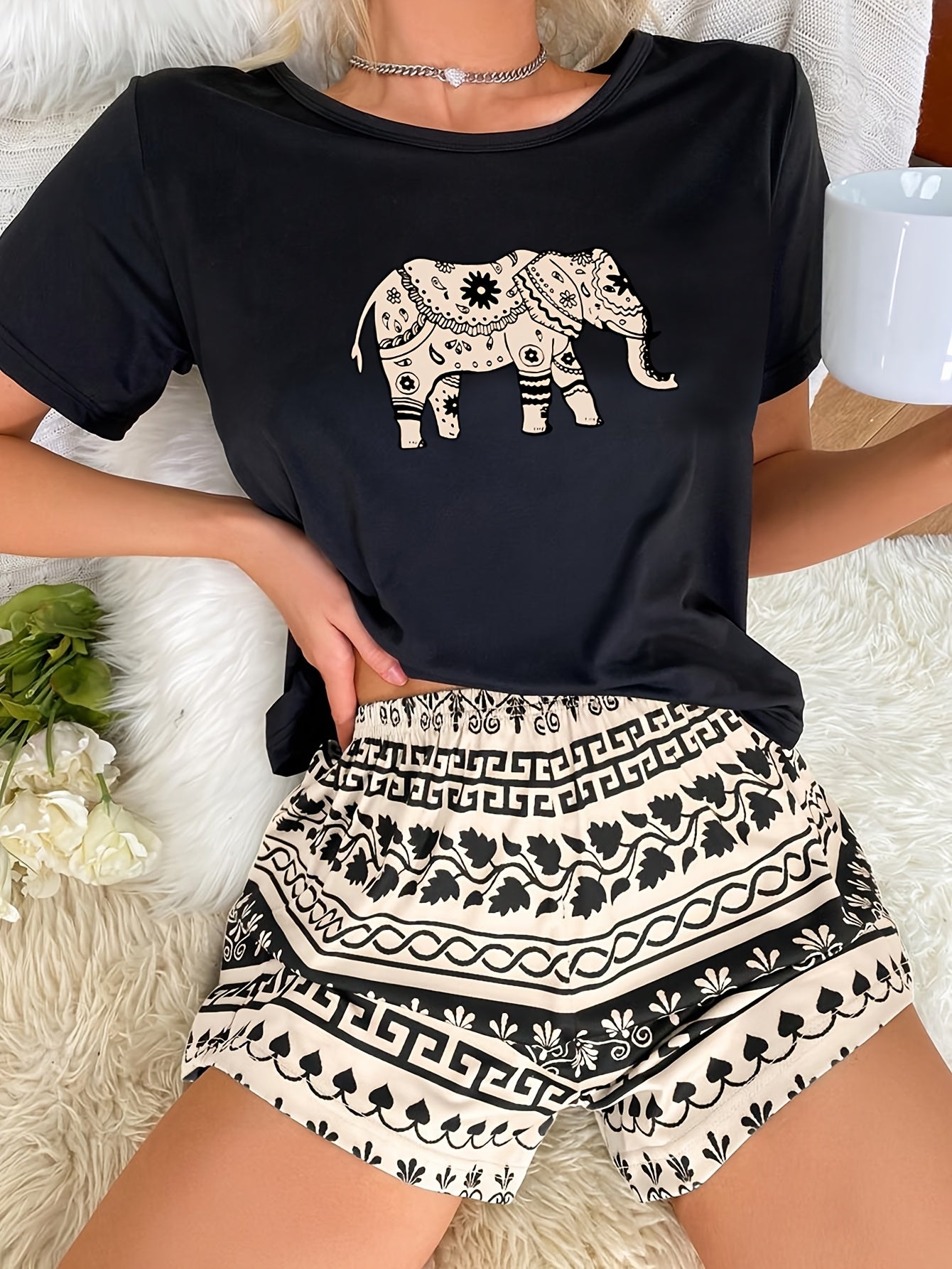 Amra | Elefantenmuster Casual-Pyjama-Set