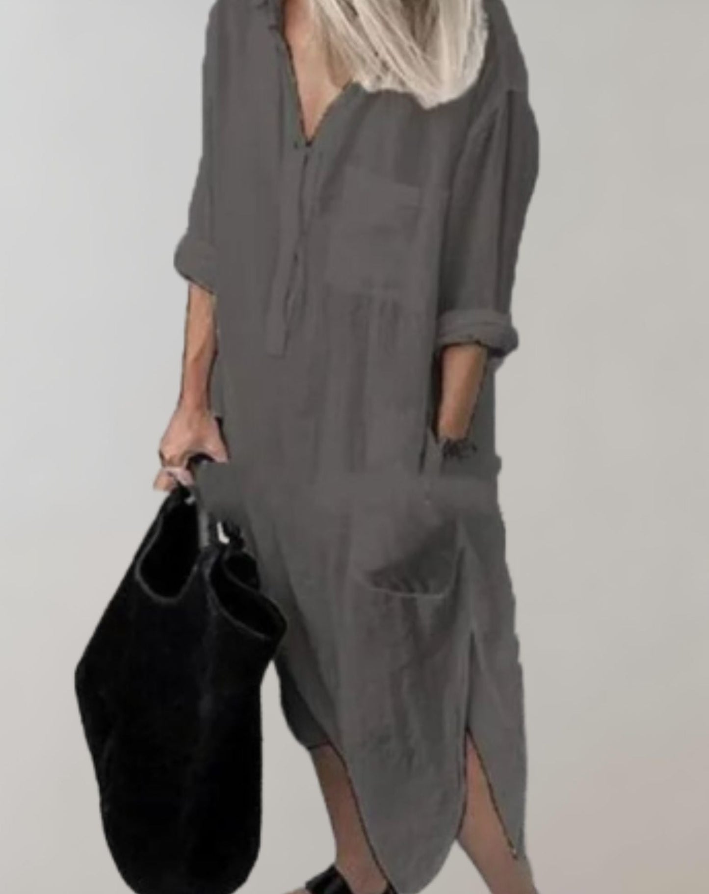 Amiya - Lockeres langes Kleid mit langen Ärmeln und Seitentaschen Kleid