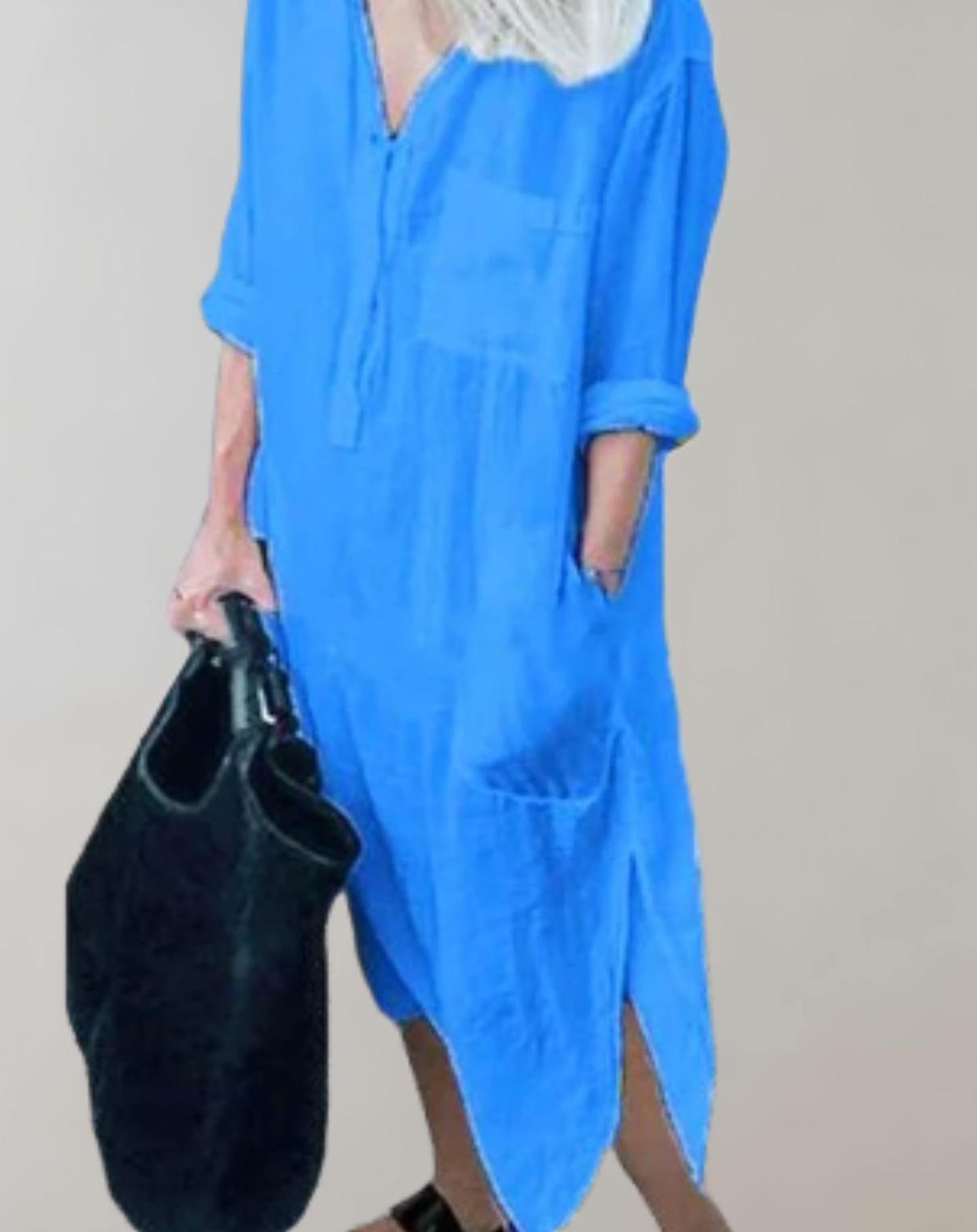 Amiya - Lockeres langes Kleid mit langen Ärmeln und Seitentaschen Kleid