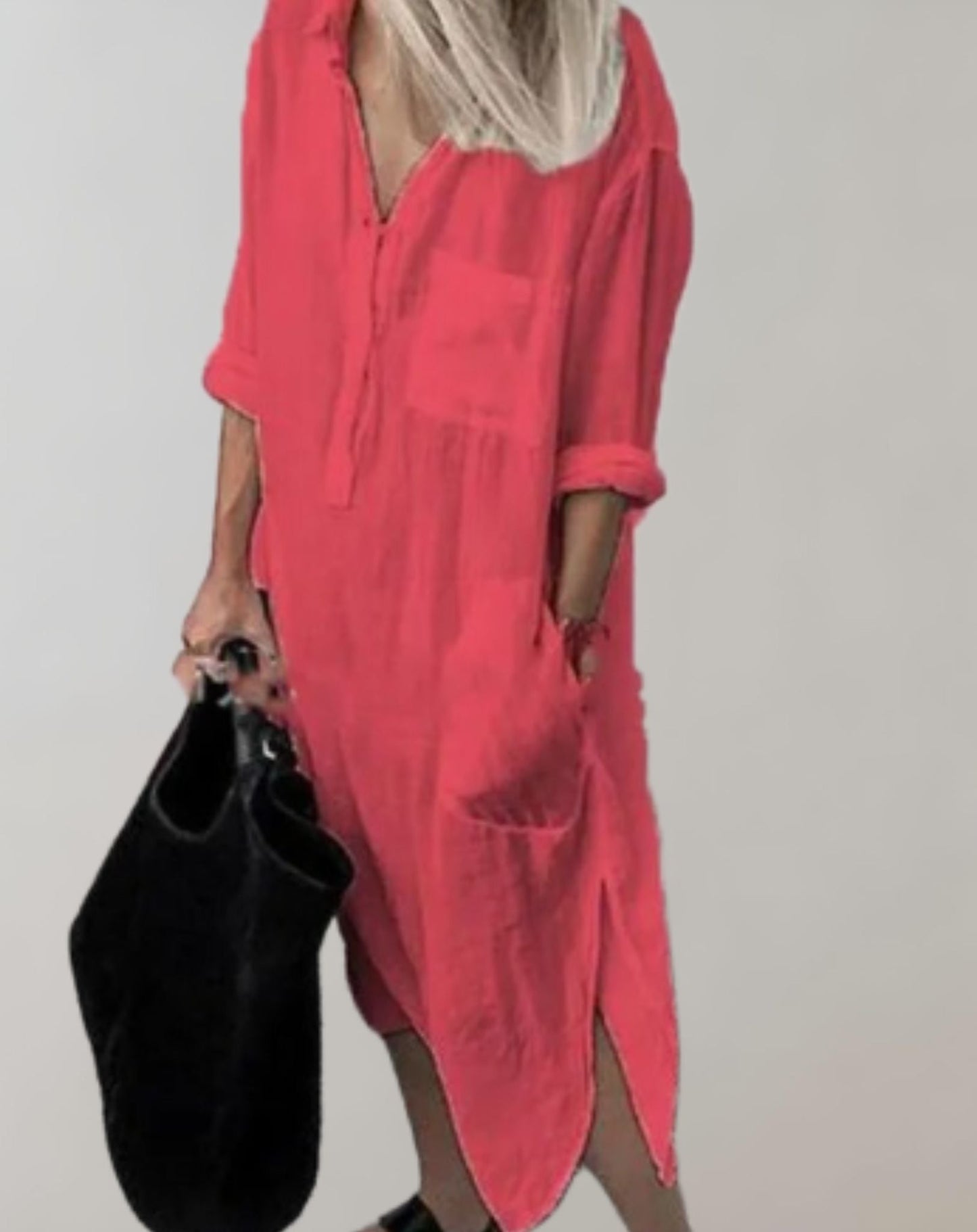 Amiya - Lockeres langes Kleid mit langen Ärmeln und Seitentaschen Kleid