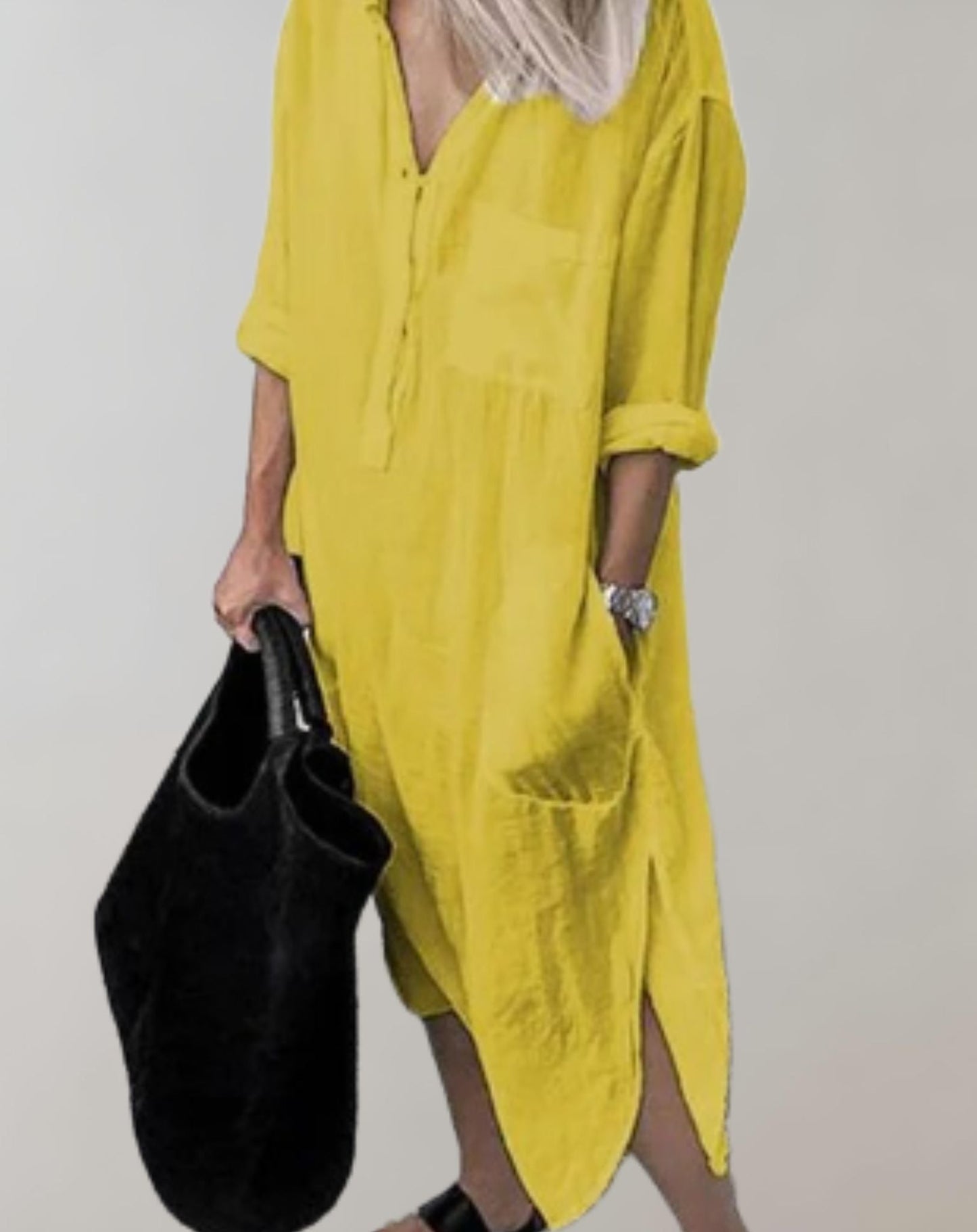 Amiya - Lockeres langes Kleid mit langen Ärmeln und Seitentaschen Kleid