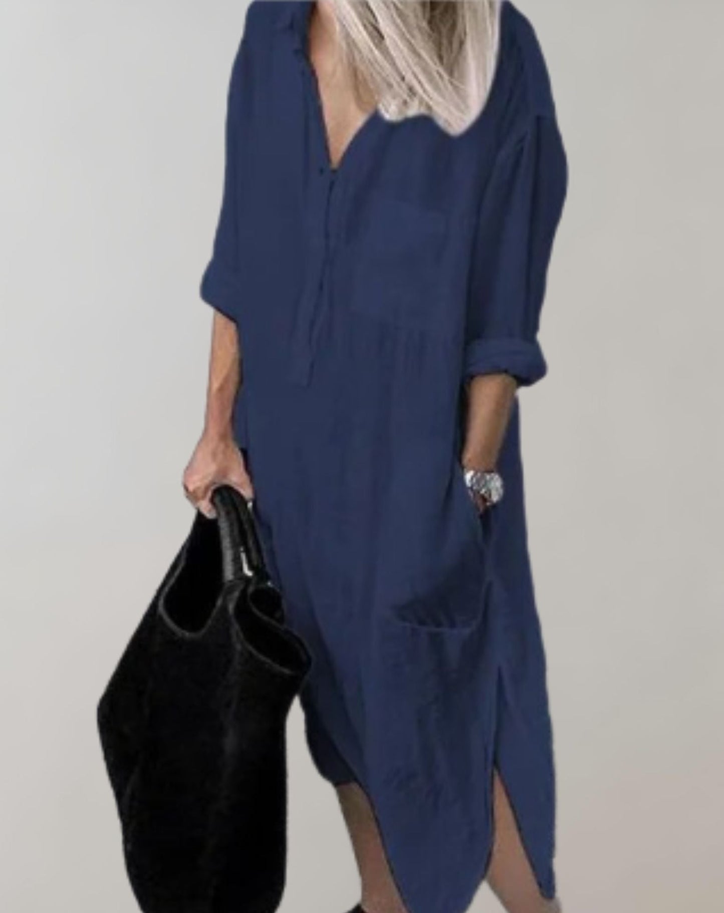 Amiya - Lockeres langes Kleid mit langen Ärmeln und Seitentaschen Kleid