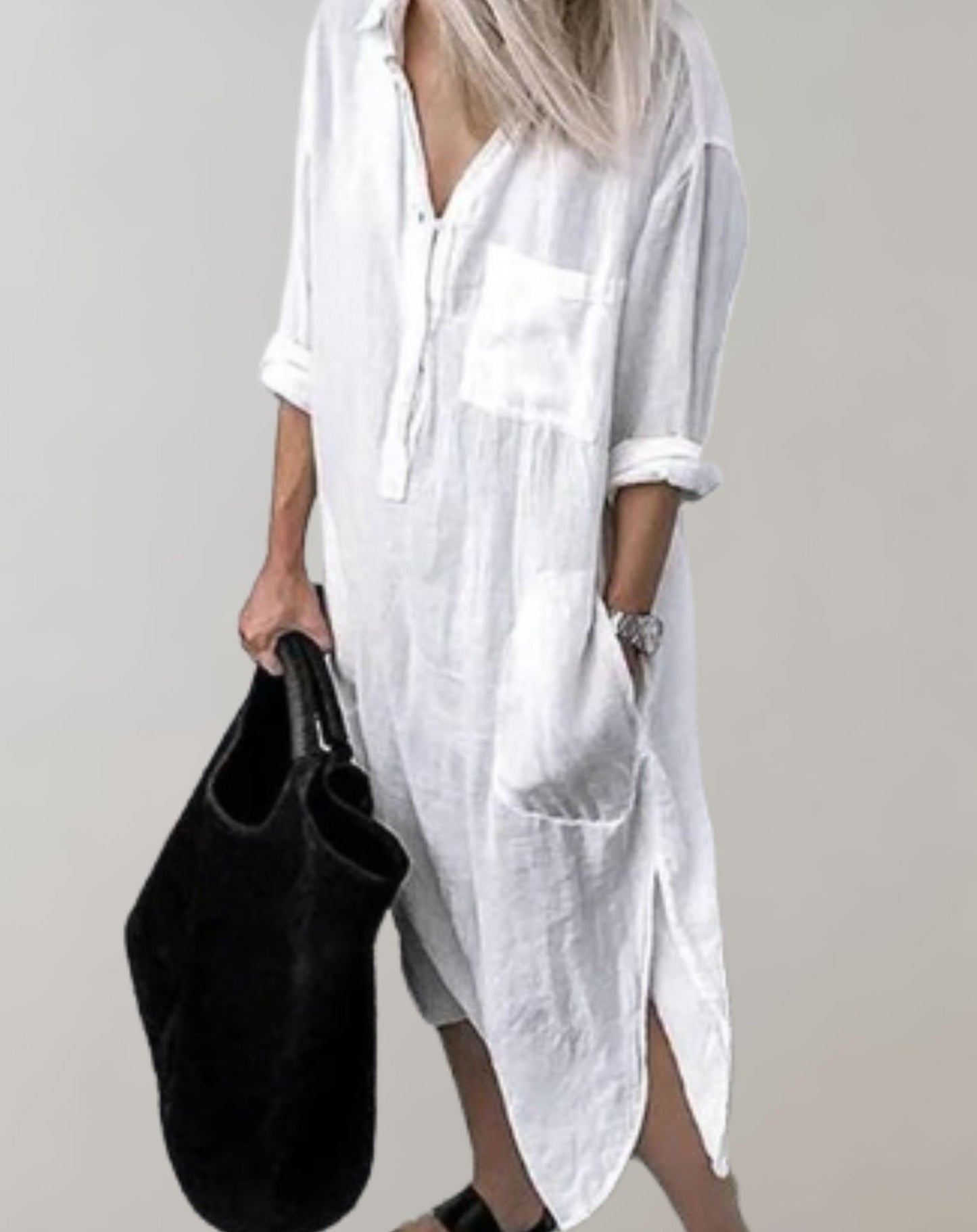 Amiya - Lockeres langes Kleid mit langen Ärmeln und Seitentaschen Kleid