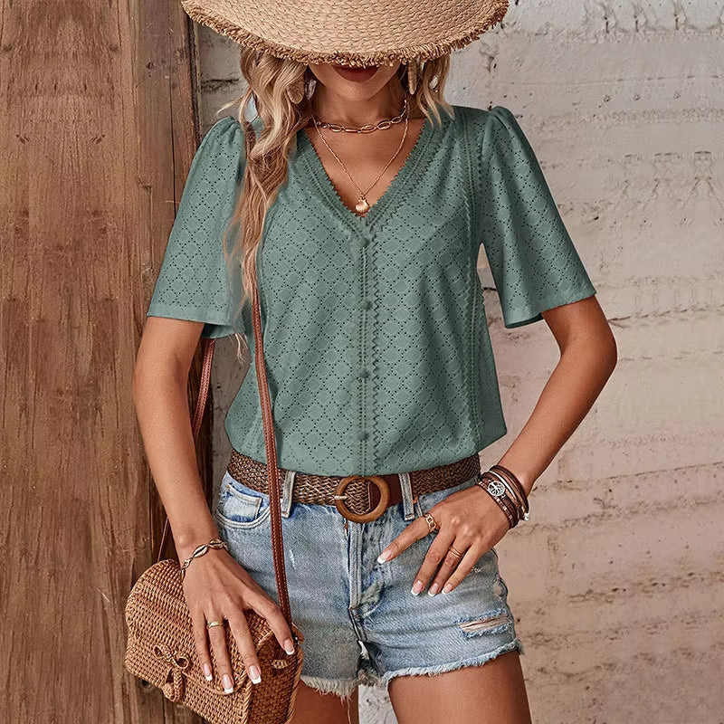 ADELHEID I KURZARM-BLUSE MIT V-AUSSCHNITT