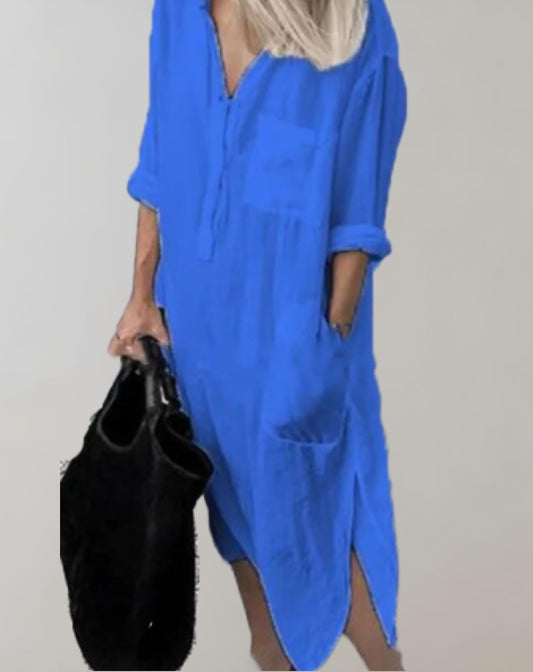 Amiya - Lockeres langes Kleid mit langen Ärmeln und Seitentaschen Kleid