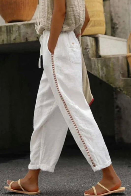Weite Leinenhose mit Kordelzug und Taschen