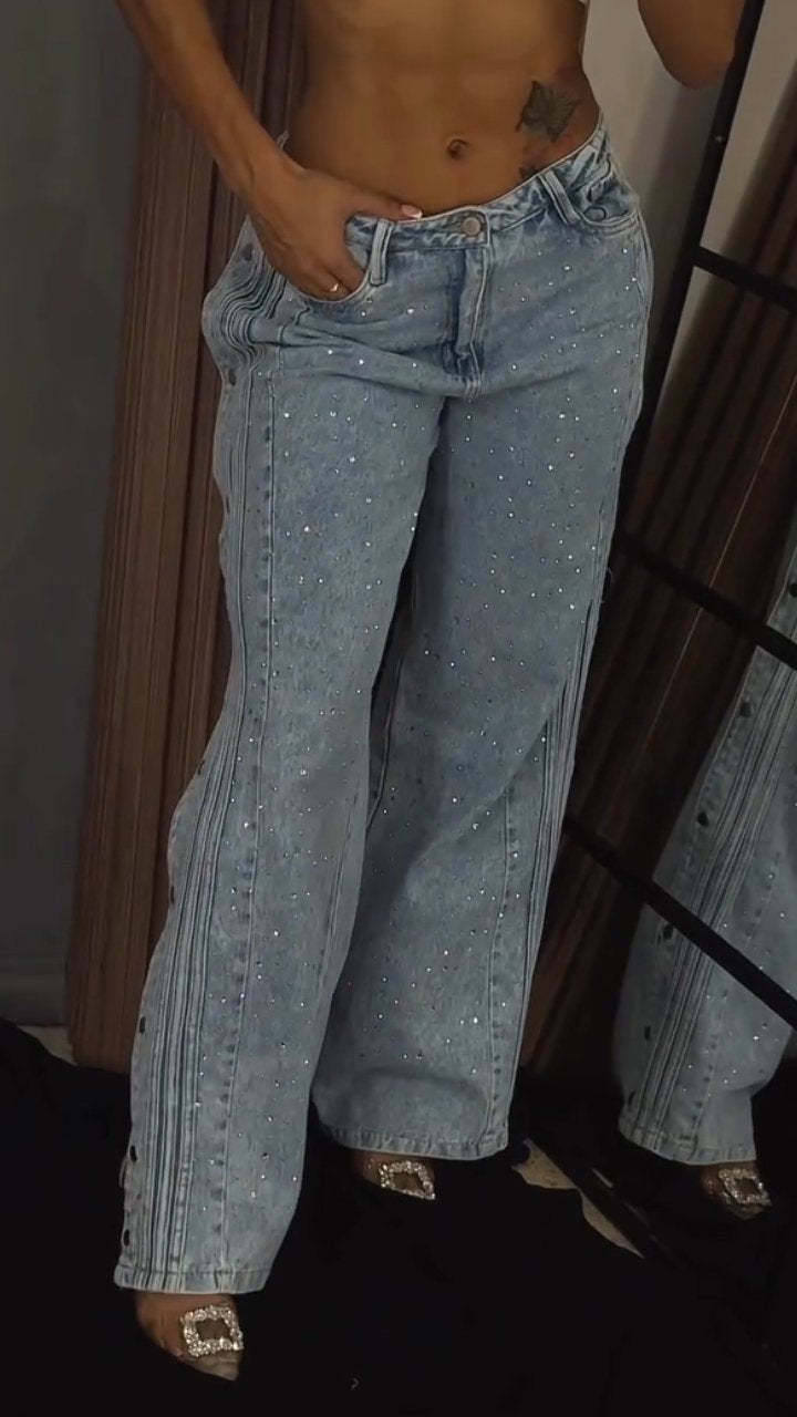 Button-Down Strass-Jeans