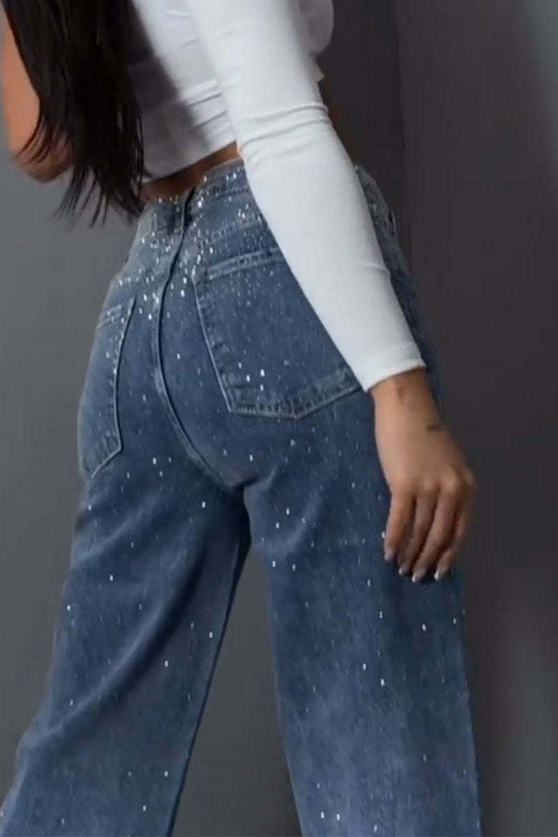 Women's Casual Rhinestone Straight Jeans